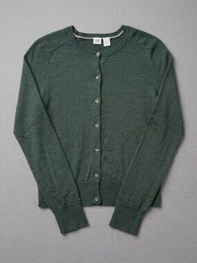 GAP Extra Fine Merino Wool Green Cardigan Crew Neck Button Front XS